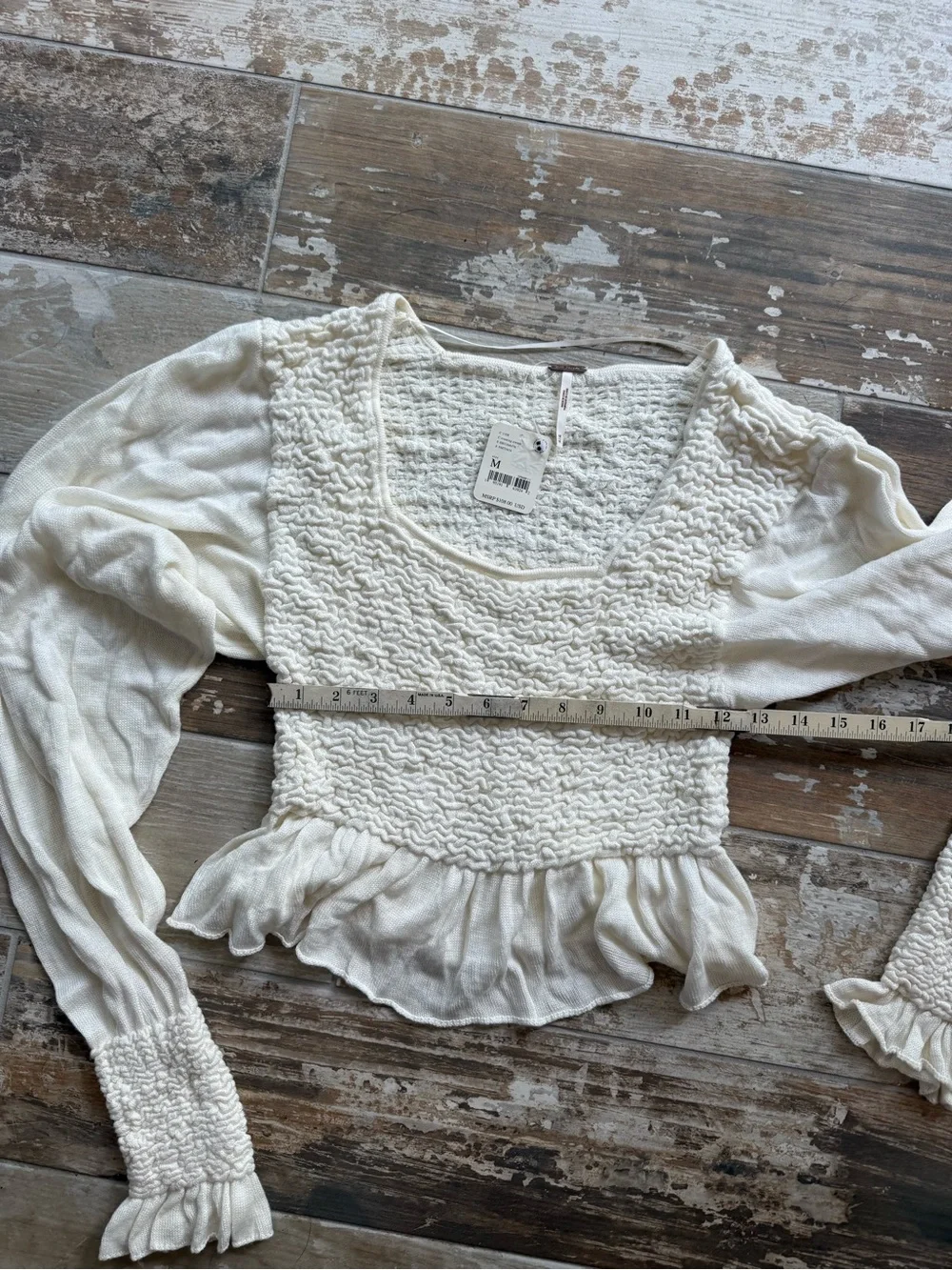 NWT Free People Cream Smocked Ruffle Long-Sleeve Top
